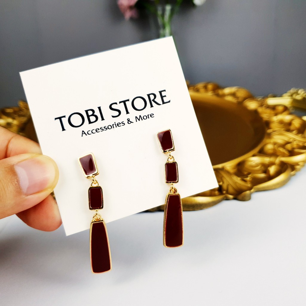 Khuyên tai nữ dáng dài hình học màu rượu vang đỏ TB25 TOBI STORE