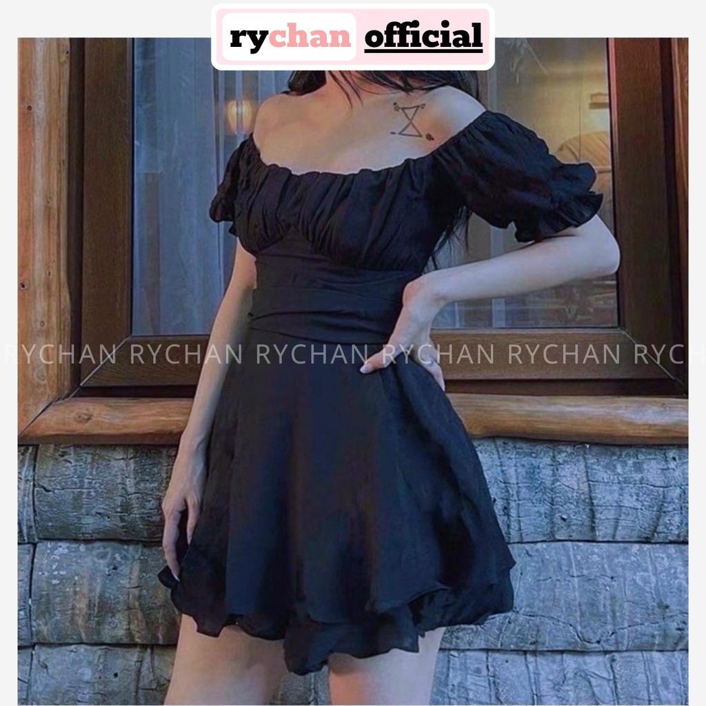 Đầm Váy Nữ Dự Tiệc Trễ Vai Nhúng Ngực Thắt Nơ Eo Đuôi 2 Tà Dày Dặn Màu Trắng Đen Xanh [ẢNH THẬT CUỐI] - DX9840