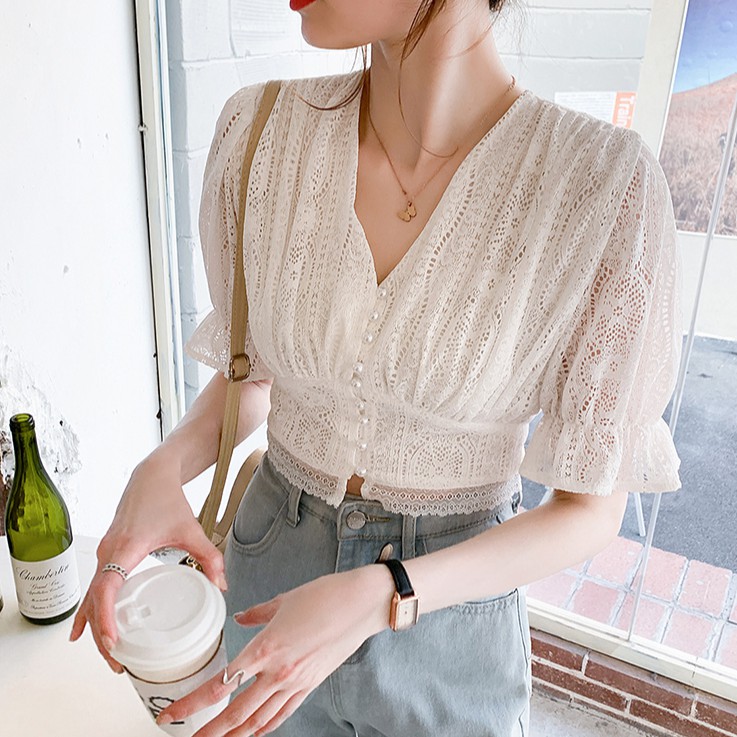 Áo Ren Lửng Cổ Chữ V Kiểu Retro Thời Trang Mùa Hè 43616