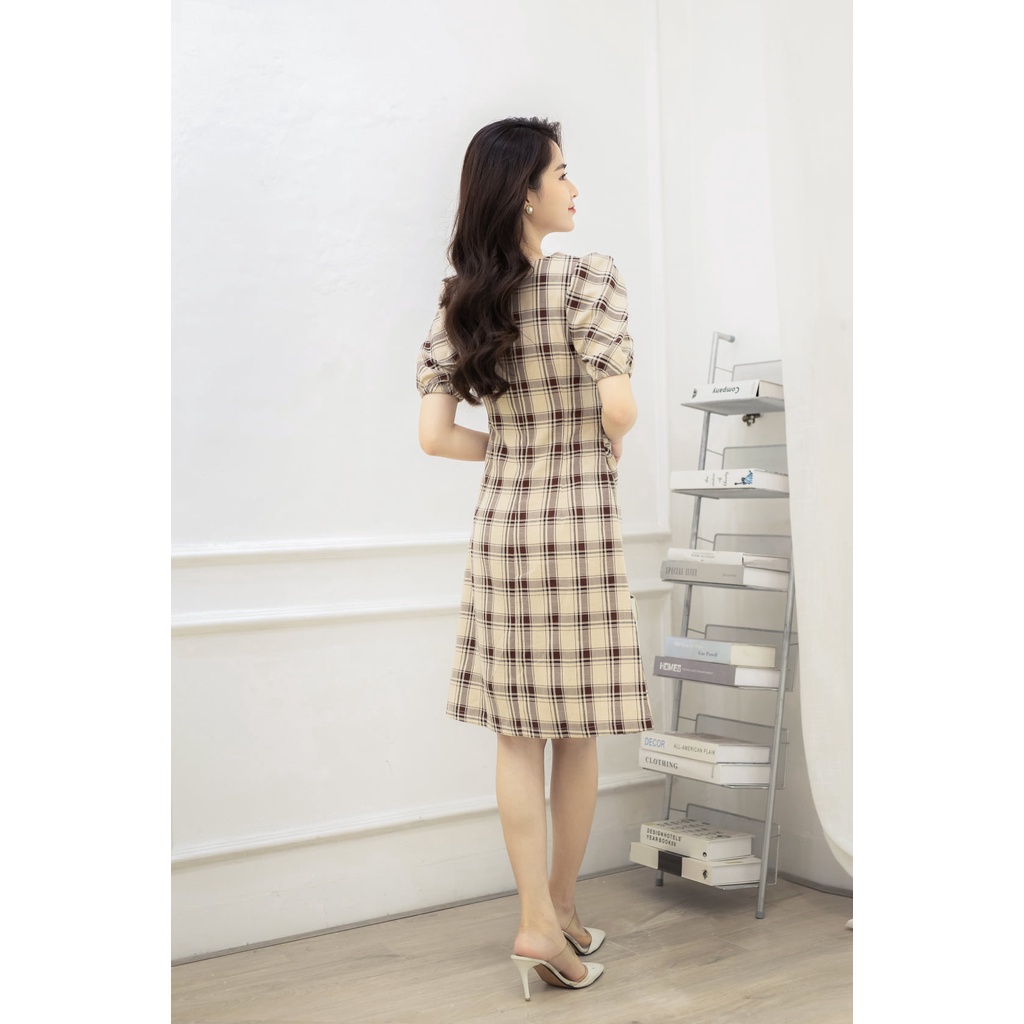 Váy thô đũi kẻ ô xoắn eo cổ tròn tay phồng TIIN STORE V0T267 | BigBuy360 - bigbuy360.vn