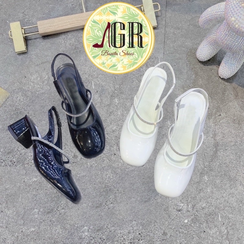 Sandal mũi vuông da bóng phối dây đá hh gót 3cm