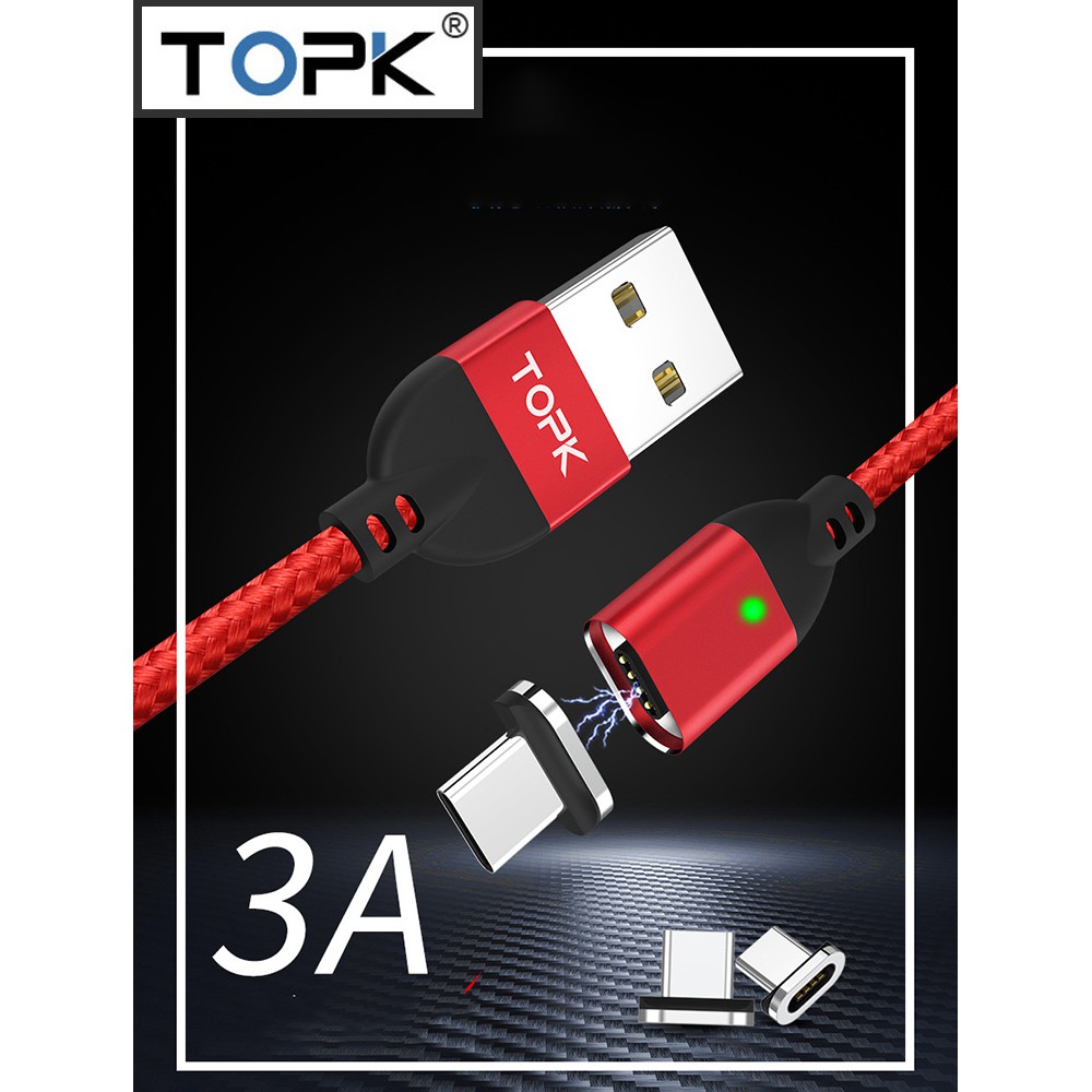 Cáp sạc từ hít nam châm Micro USB,Type-c,Lightning TOPK dòng 3A Hỗ trợ sạc nhanh , truyền dữ liệu hai mặt,dây dù