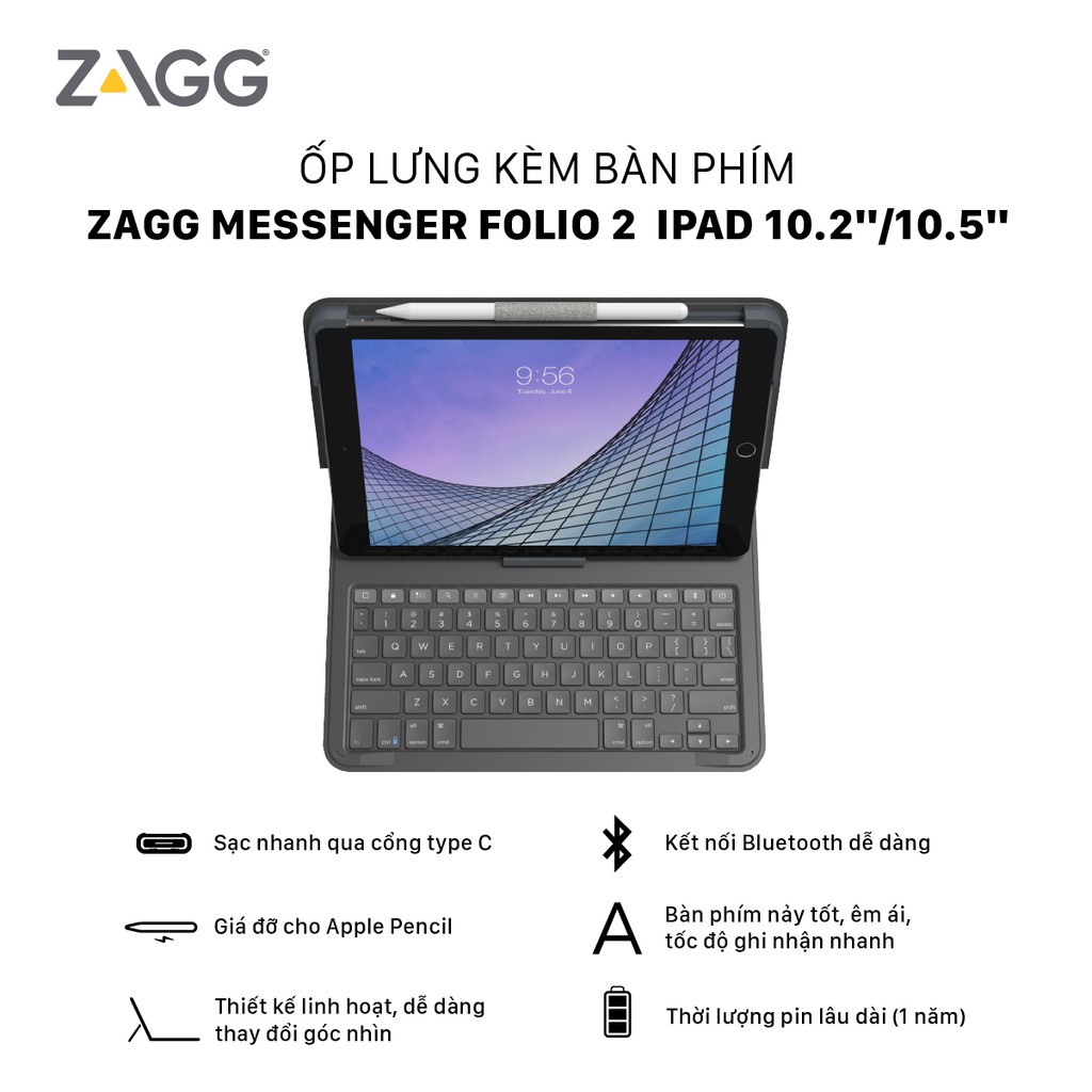 Ốp lưng kèm bàn phím ZAGG Messenger Folio 2 iPad 10.2"/10.5"
