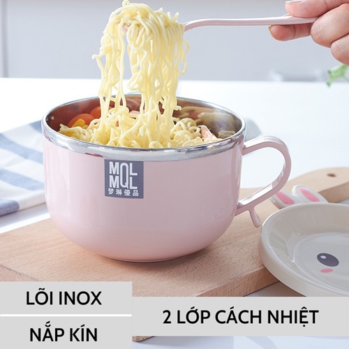 [Tặng kèm thìa] Bát ăn mì 🥗 Tô úp mì inox 2 lớp có nắp chống nóng cao cấp bát ăn cho bé nắp hình thú dễ thương