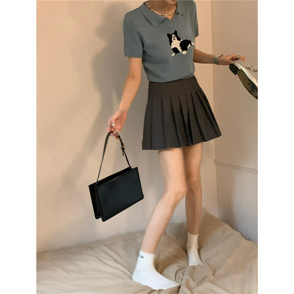 Áo Thun Dệt Kim Ngắn Tay In Hình Mèo Đáng Yêu Dành Cho Nữ 61342