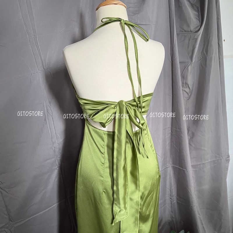 ĐẦM CỔ YẾM MIDI XANH  CỘT NƠ LƯNG 2 DÂY - GD236