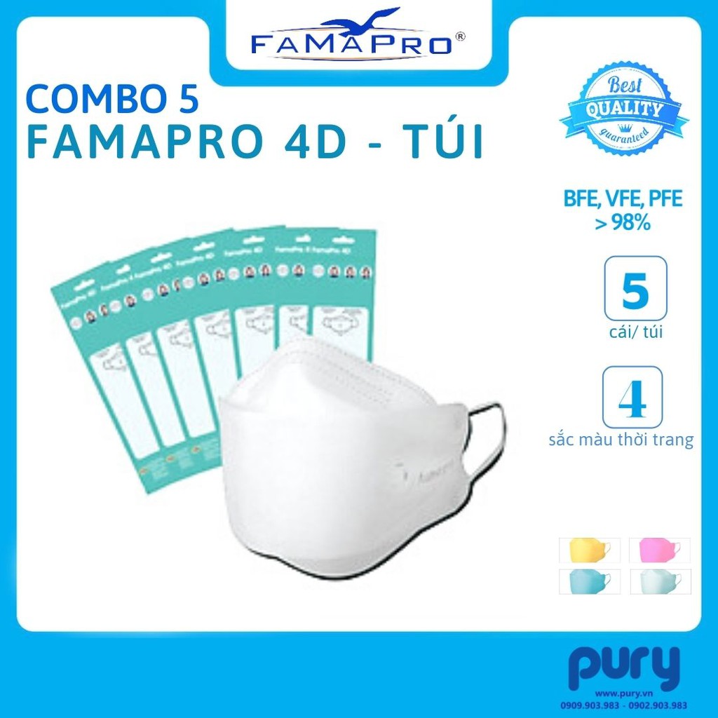 [TÚI-5 CÁI] - Khẩu trang y tế cao cấp kháng khuẩn 3 lớp Famapro 4D