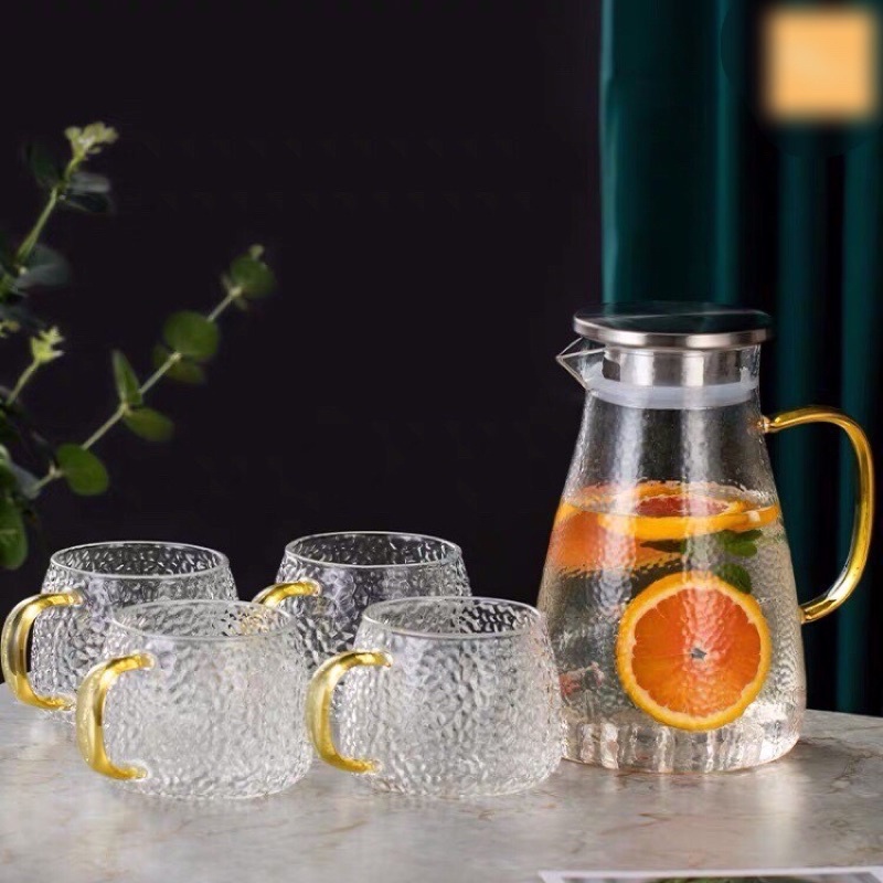 Bộ bình thuỷ tinh chịu nhiệt sần quai vàng | Bình sần Borosilicate chịu nhiệt, chịu lực cao cấp