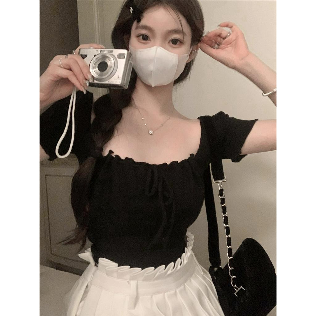 Áo Len Tay Ngắn Cổ Vuông Dáng Ôm Thời Trang Cho Nữ