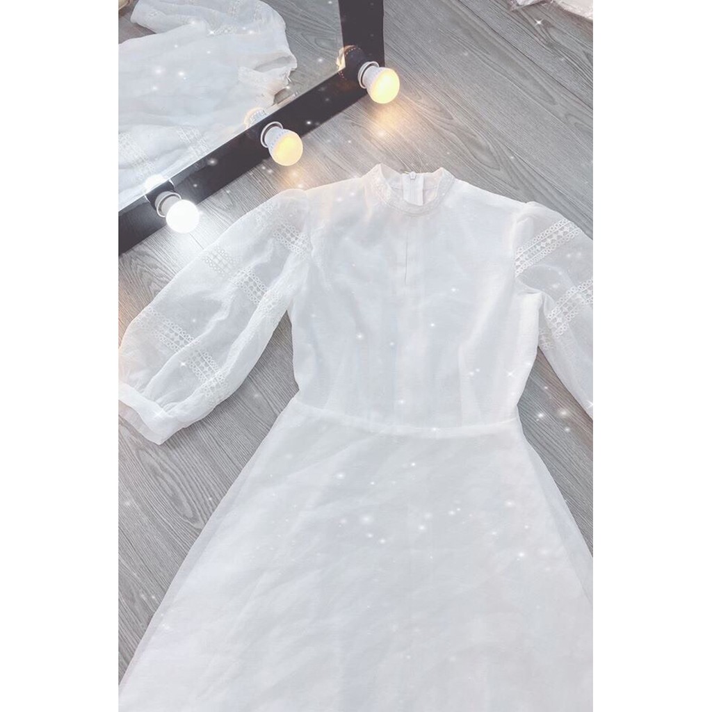 Đầm dự tiệc cao cấp trắng tay phồng phối ren chất Voon nhẹ nhàng sang trọng | BigBuy360 - bigbuy360.vn