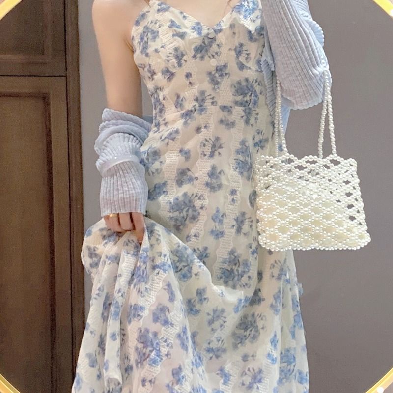 Chiffon floral suspender dress women's early spring autumn  new French waist-tight sweet and spicy dress set