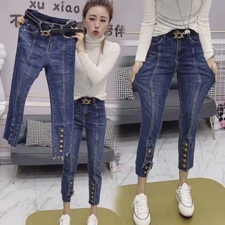 Quần jeans nữ lưng cao ống loe xẻ tà thời trang