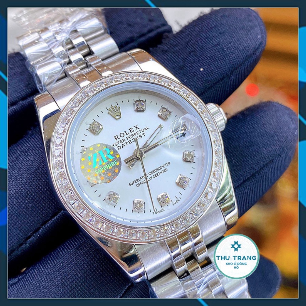 Đồng hồ Nam Rolex máy nhật, mẫu classic, mặt trắng viền trắng đính đá, dây kim loại, dòng cơ Automatic size 39mm-40mm ,