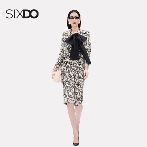 Đầm sát nách be họa tiết đen  SIXDO