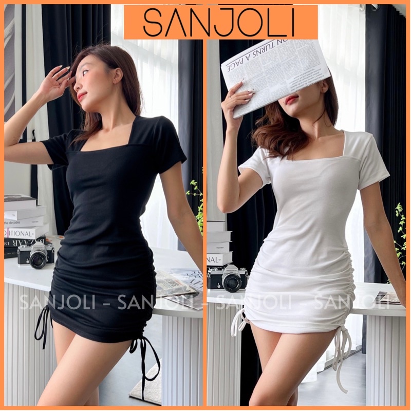 Váy Body Nhún SANJOLI Đầm Ôm Sexy Nữ Cổ Vuông Rút Dây 2 Bên, Dáng Bó Eo Thun Tay Ngắn Thiết Kế Dự Tiệc Trắng Đen VD048