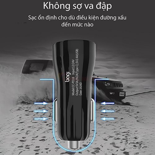 Cốc sạc xe hơi Bagi 1USB 1Type-C 18W CC-PD18 - Hàng chính hãng