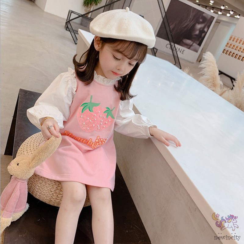 Đầm công chúa họa tiết quả dâu phong cách thời trang Hàn cho bé gái