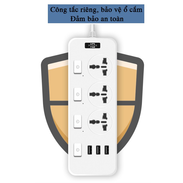 Ổ cắm điện đa năng thông minh 3 cổng USB sạc nhanh 5V-2.1A công suất 2500W vật liệu chống cháy dây nối dài 1,8M OCD04