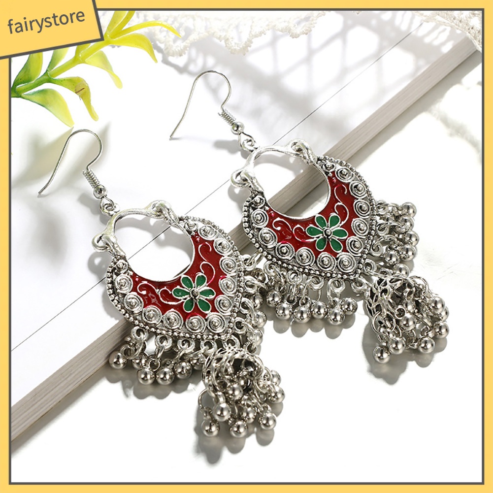 Bông tai dáng dài hình hoa phối tua rua phong cách bohemian