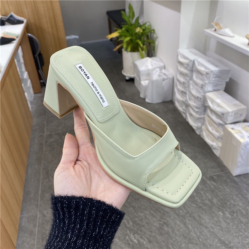 №۩◇Giày Sandal Cao Gót Mũi Vuông Đế Dày Họa Tiết Sọc Caro Màu Sắc Tương Phản Thời Trang Pháp Cho Nữ