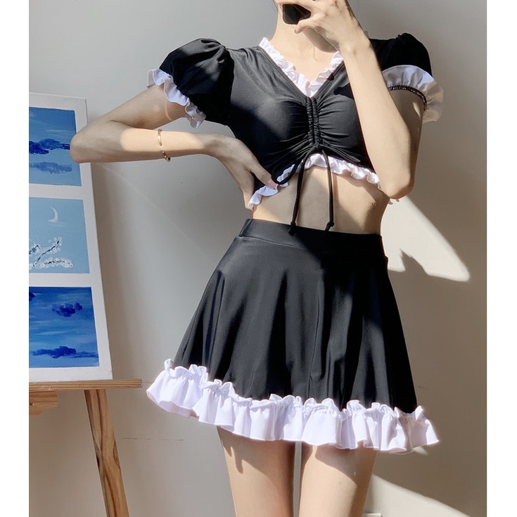 Bộ đồ bơi nữ bikini áo croptop váy phối màu nữ tính chất thun siêu đẹp