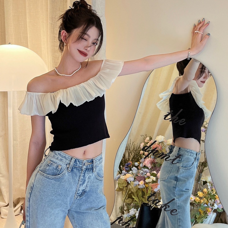 Áo Croptop Dệt Kim Tay Cánh Tiên Dáng Ôm Cho Nữ