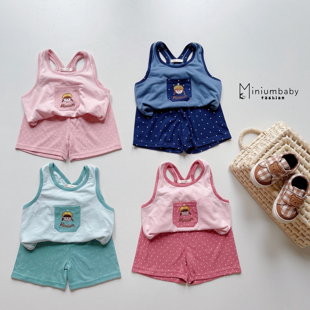 Bộ quần áo thiết kế 2 cotton dây cho bé gái phối túi thêu xinh xắn, miniumbabyfashion SB1226, bộ không tay hè
