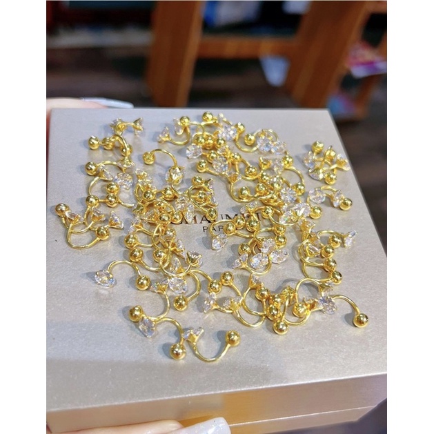 Bông tai cong vặn zen 2 đầu bóng tròn - đầu đá vàng