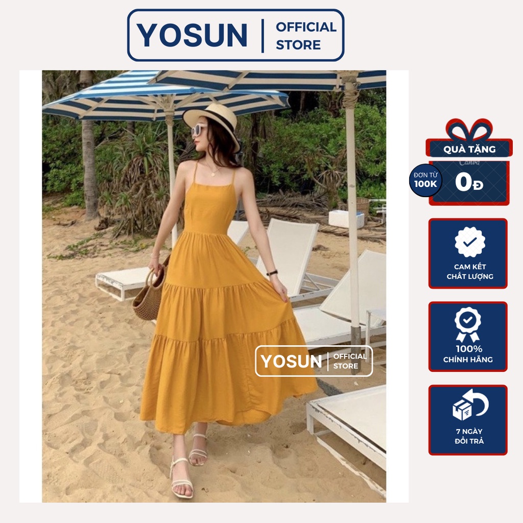 Đầm Nữ Maxi Đi Biển Đan Dây Nhiều Tầng Tiểu Thư Sang Chảnh, Váy Nữ Du Lịch Biển Hai Dây Hở Lưng Có Chun Co Dãn Màu Vàng