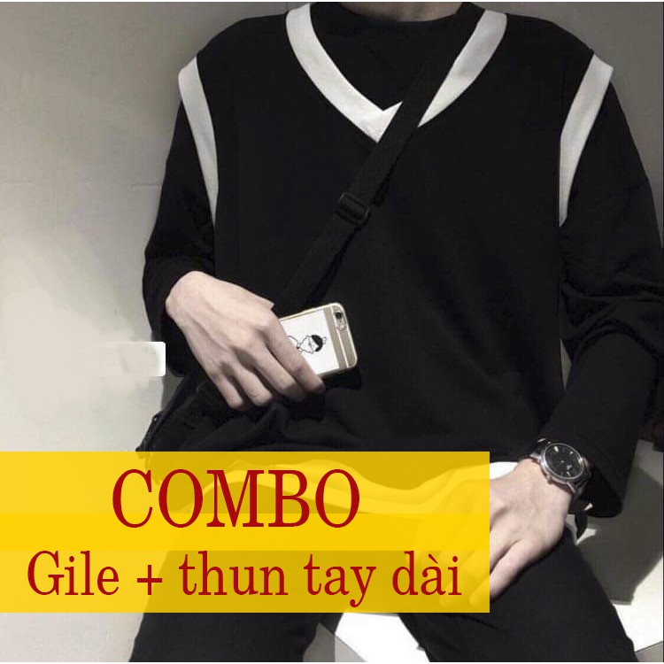 COMBO Áo gile viền trắng + áo thun tay dài đen trơn