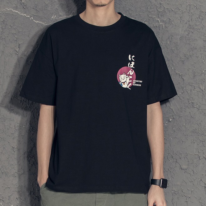 Áo thun nam nữ tay lỡ unisex oversize form rộng basic tee nhiều màu hình logo mèo chào nhật bản