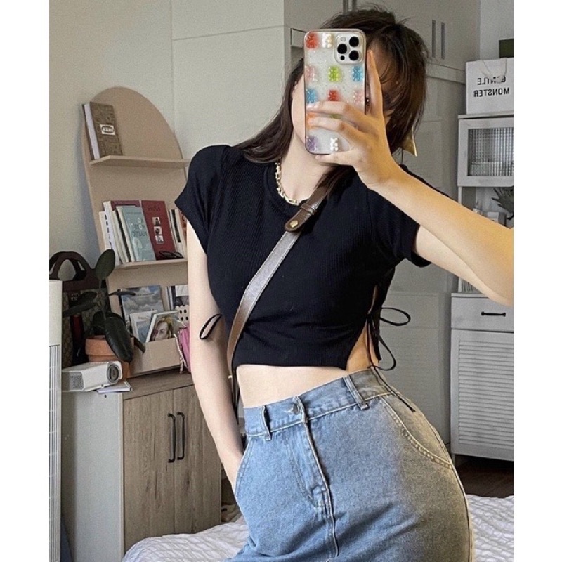 Áo croptop kiểu cổ tròn tay ngắn cột dây eo siêu tôn dáng cực sexy