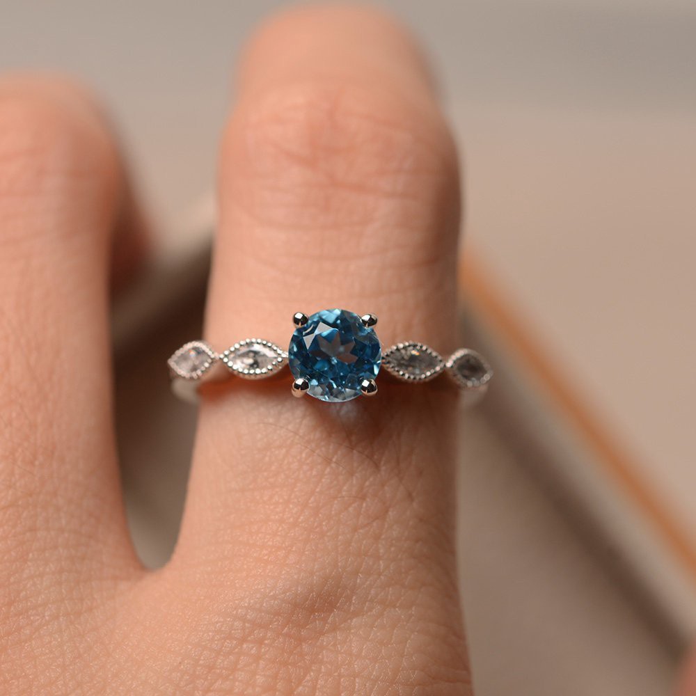 S925 Nhẫn đính đá topaz tròn màu đỏ xanh dương nhiều màu sắc tùy chọn phong cách Âu Mỹ sang trọng thời trang