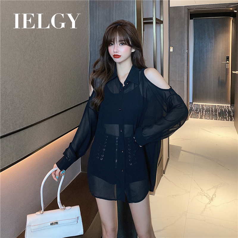 IELGY  Áo Sơ Mi chiffon Dài Tay Trễ Vai Xuyên Thấu Thời Trang Dành Cho Nữ