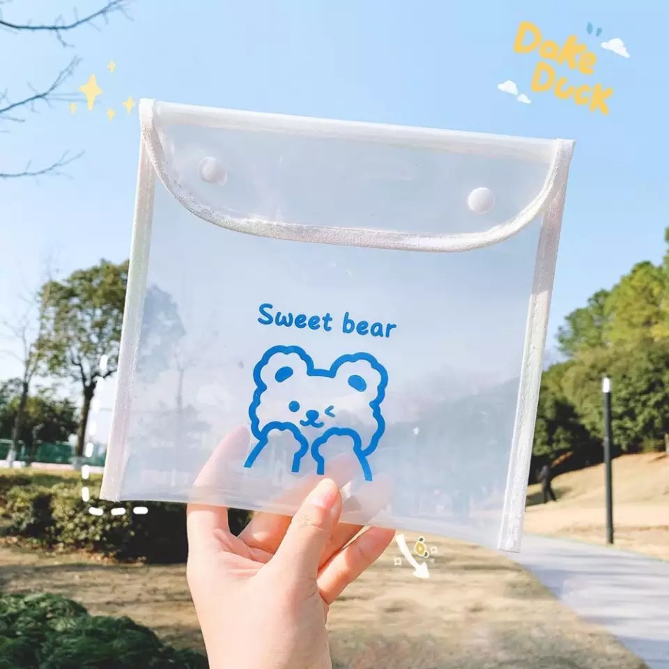 Túi Trong Suốt Mini Hình Con Gấu Viền Trắng Đựng Mỹ Phẩm, Văn Phòng Phẩm ( BIG MOUSE SHOP )