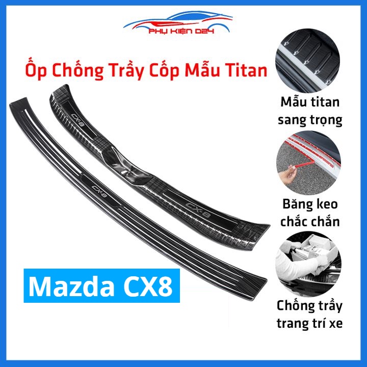 Ốp chống trầy cốp Mazda CX8 thép không gỉ vân titan bảo vệ xe chống va đập