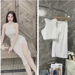 Sét bộ xốp áo 3 lỗ croptop phối chân váy dài body xẻ tà cực xinh , chất thun xốp mềm mát ly