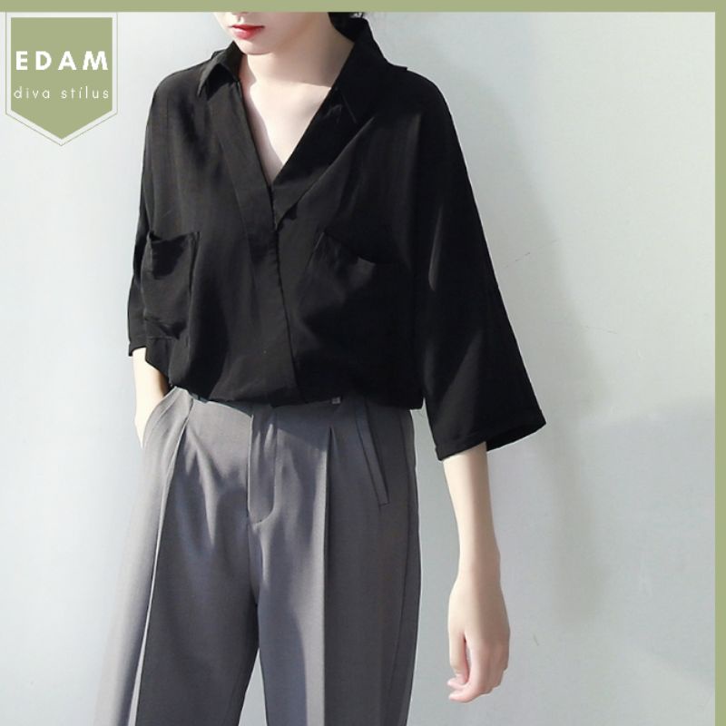Áo sơ mi đen Unisex tay lỡ cổ tim - Chất đũi mát