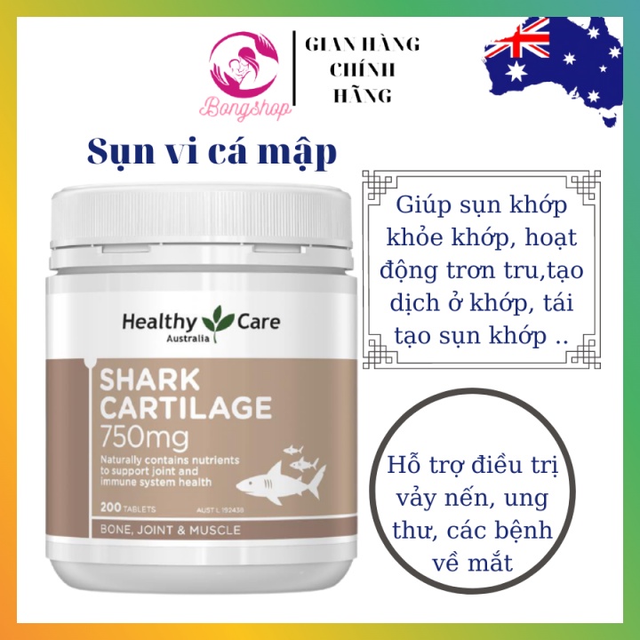 [Cam kết Chuẩn Úc] Viên sụn vi cá mập Úc 750mg Healthy Care Shark Cartilage 750mg xương khớp cơ 200 viên mẫu mới