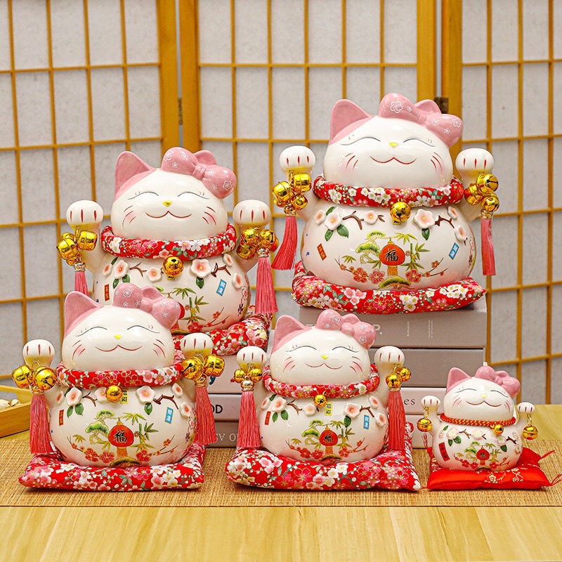 Mèo thần tài may mắn neko maneki Anh đào hồng sáo ngọc bích