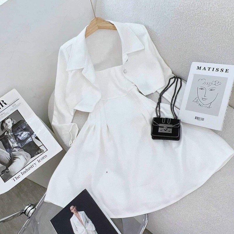 [ 𝐅𝐑𝐄𝐄 𝐒𝐇𝐈𝐏 ] SET ĐẦM CHIẾT EO TRẮNG MIX KHOÁC CROPTOP CÀI NÚT