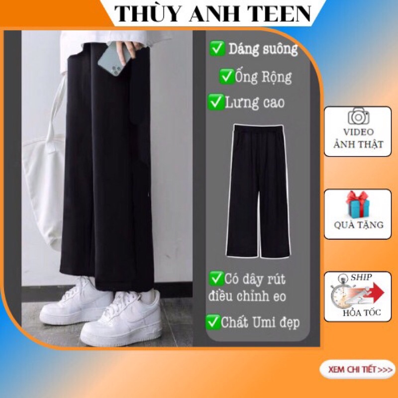 Quần simple ống rộng Unisex, Kiểu quần dáng dài ống suông rộng cạp chun có dây rút điều chỉnh eo mặc 4 mùa