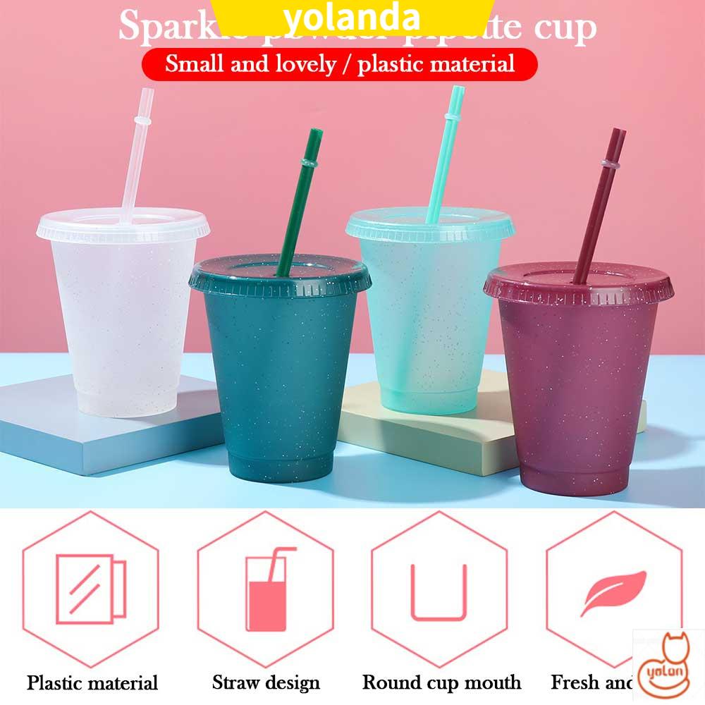 Cốc uống nước bằng nhựa nhỏ gọn trang trí kim tuyến long lanh sáng bóng có ống hút tái sử dụng được