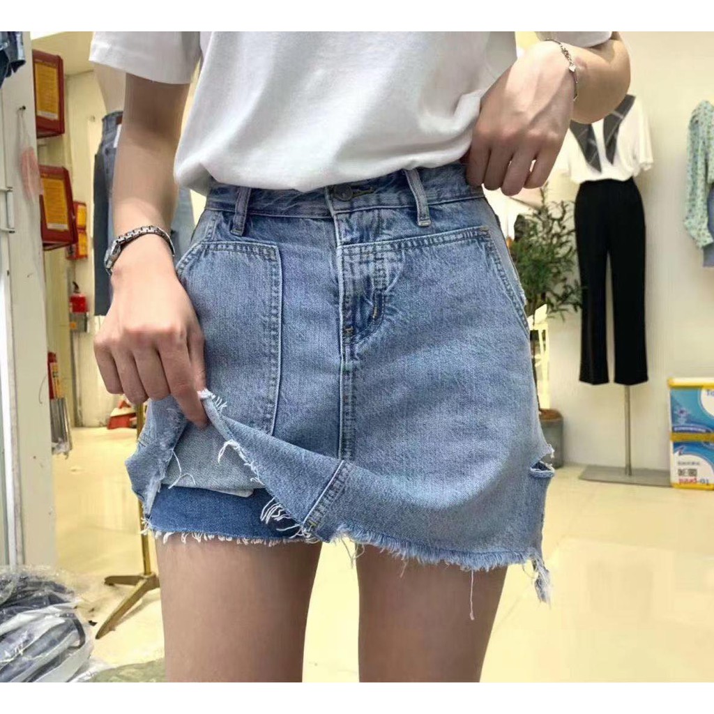 QUẦN VÁY BÒ  RÁCH 1BEN TÚI LỆCH QVB6628