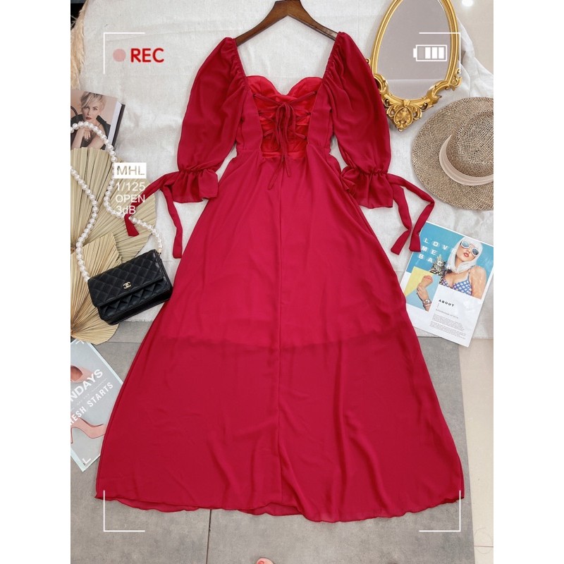 Đầm Maxi Hở Lưng Đan Dây Có Lót Trong Dáng Xoè Đi Biển Du Lịch