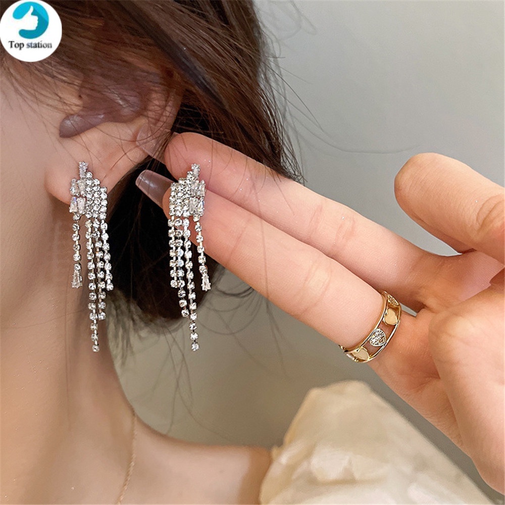 Bông Tai Mạ Bạc Dáng Dài Đính Đá Thanh Lịch Cho Nữ