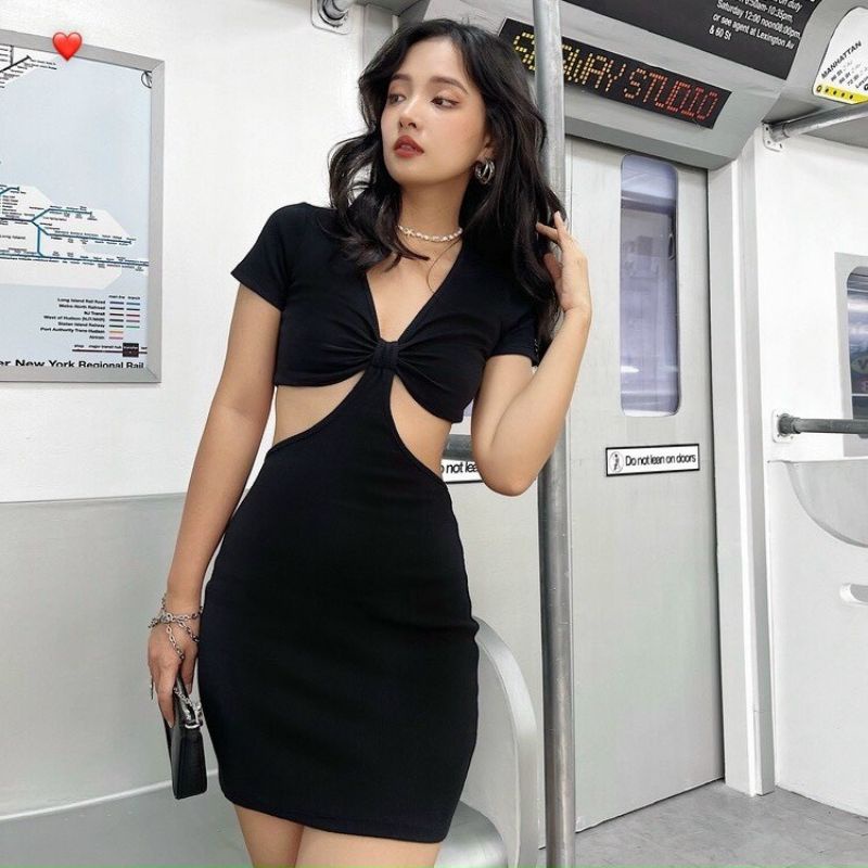 Đầm body cổ vuông tay dài nhún eo thun porip