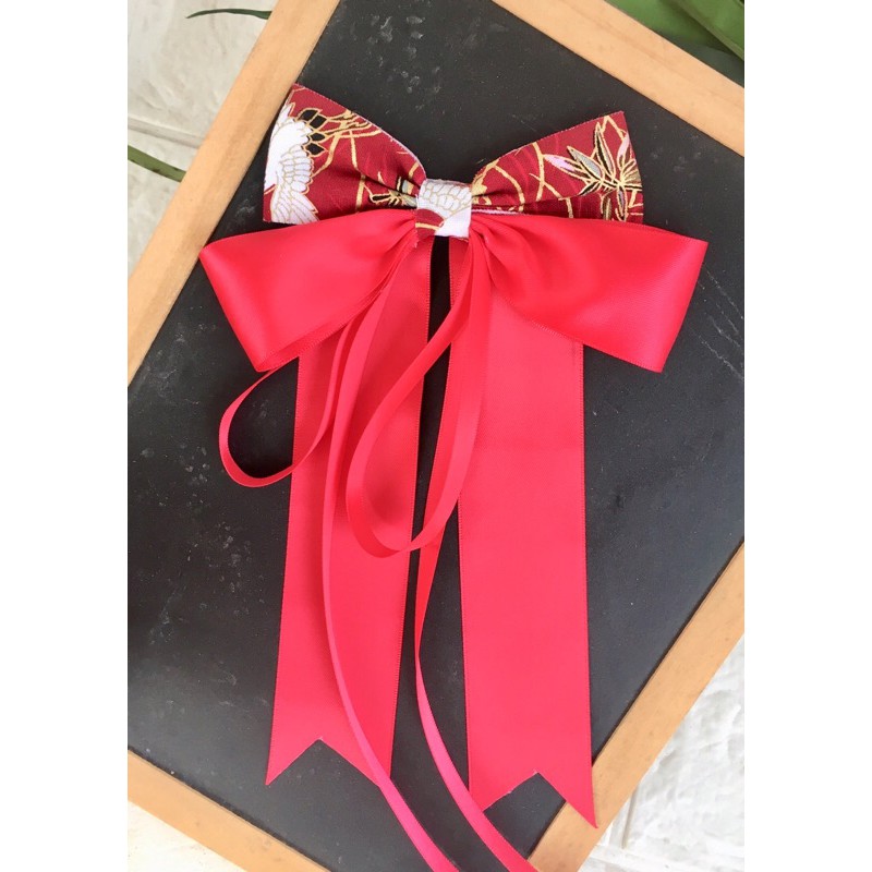 Nơ cổ trang đỏ họa tiết chim hạc buộc tóc cài tóc nữ cosplay có tua rua lụa