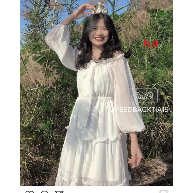 Váy trễ vai nơ cổ tay voan siêu xinh HD12