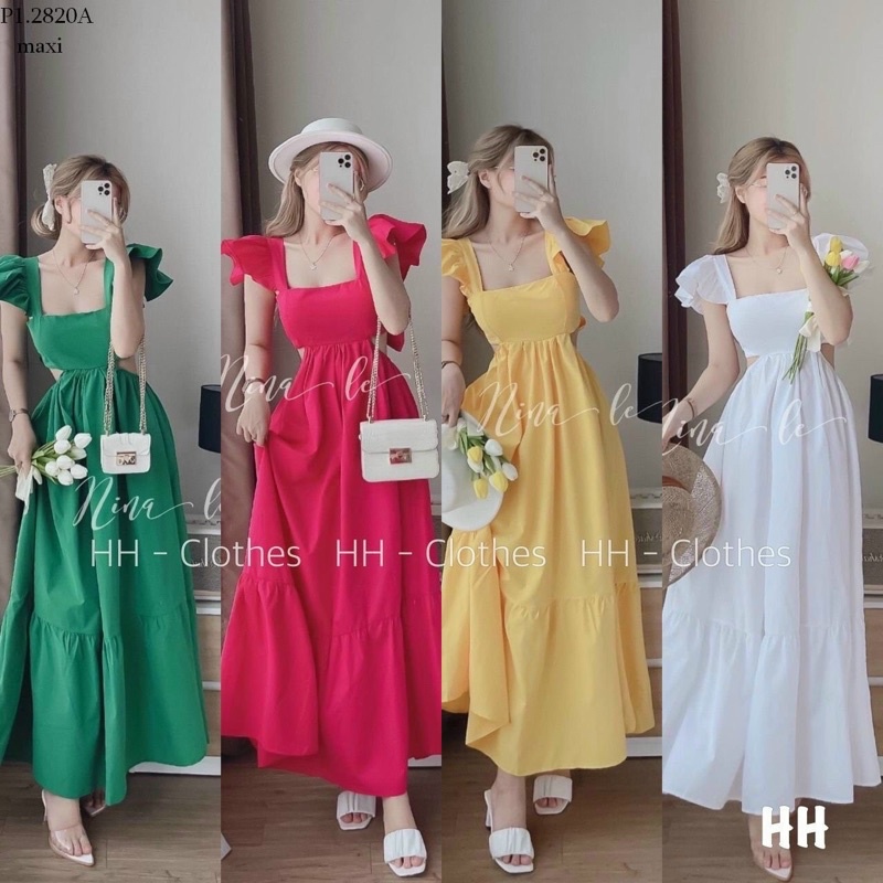Đầm maxi đi biển cánh tiên hở lưng khoét eo nơ lưng nhún thun -hình thật.